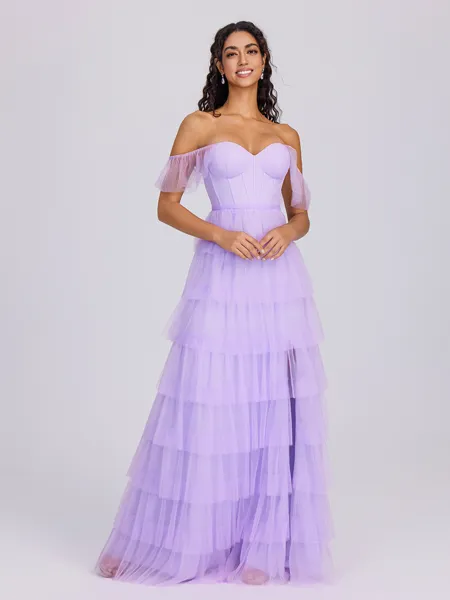 A-line Off-the-Shoulder Cascading Ruffles Floor-Length Tulle Corset Bridesmaid Dress