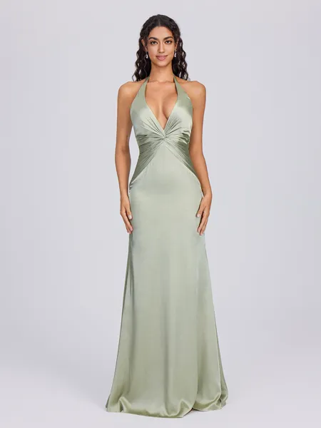 Sheath V-neck Pleated Floor-Length Silk Like Satin Bridesmaid Dress
