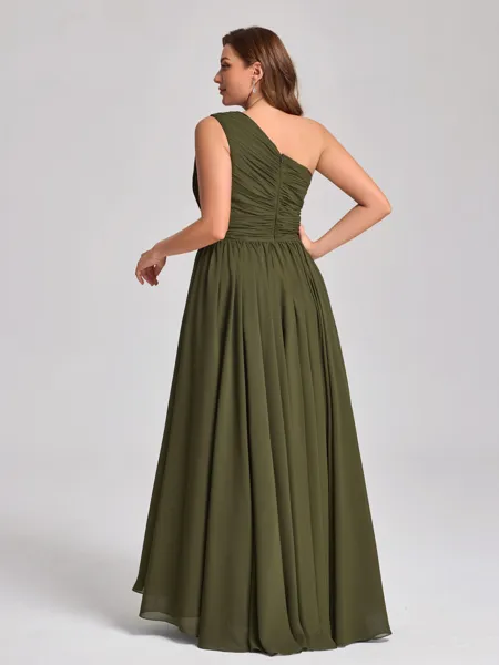 A-line One-Shoulder Pleated...