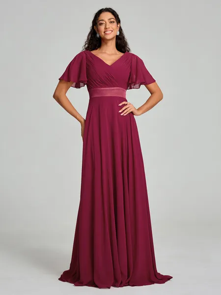 A-Line/Princess V-neck Sweep/Brush Train Short Sleeves Chiffon Bridesmaid Dress