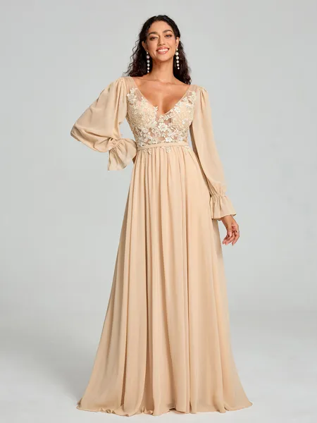A-Line/Princess V-neck Sweep/Brush Train Long Sleeves Chiffon Bridesmaid Dress