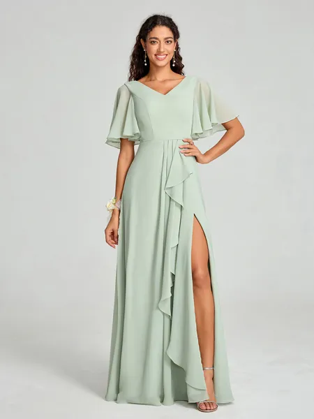 A-line/Princess V-neck Floor-Length Short Sleeves Chiffon Bridesmaid Dress