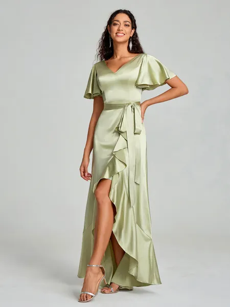 A-line/Princess V-neck Asymmetrical Short Sleeves Silk Like Satin Bridesmaid Dress