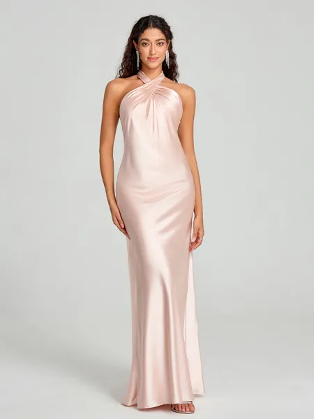 Sheath/Column Halter Floor-Length Sleeveless Silk Like Satin Bridesmaid Dress