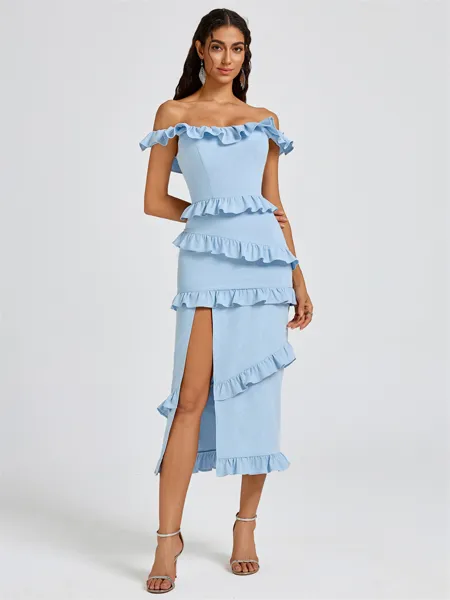 Sheath Off-the-Shoulder Ruffles Tea-Length Stretch Crepe Bridesmaid Dress