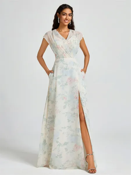 A-line V-neck Short Sleeves Floor-Length Bridesmaid Dress