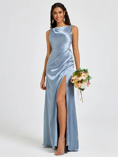 Sheath Scoop Pleated Floor-Length Silk Like Satin Bridesmaid Dress