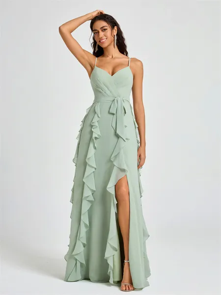 A-line V-neck Ruffles Floor-Length Chiffon Bridesmaid Dress