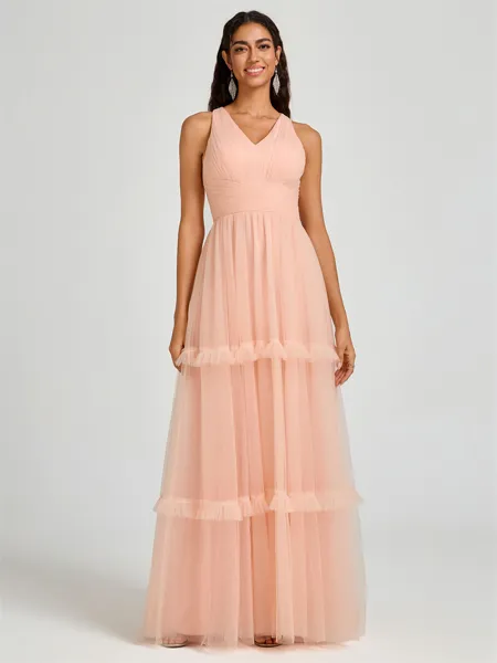 A-line V-neck Pleated Floor-Length Tulle Bridesmaid Dress