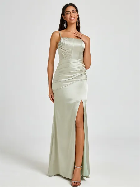 Sheath Spaghetti Straps Pleated Floor-Length Silk Like Satin Corset Bridesmaid Dress