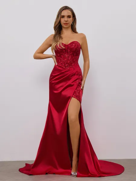 Sheath Sweetheart Appliques Lace Court Train Silk Like Satin Corset Porm Dress