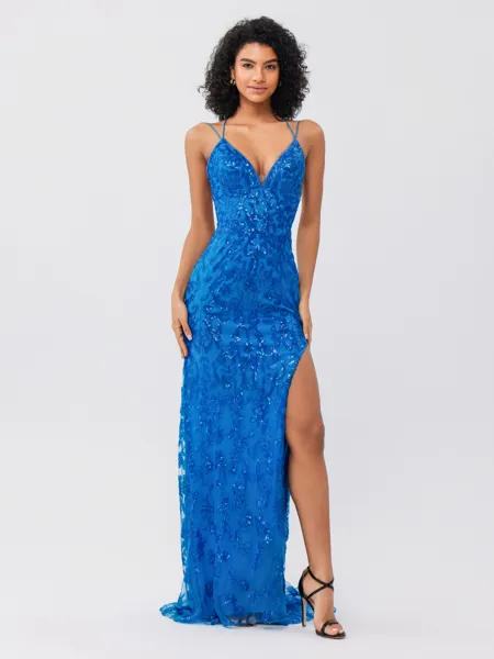 Sheath V-neck Sequin Sweep...