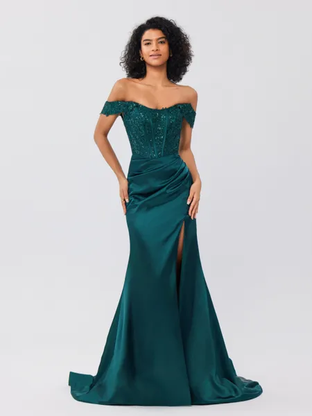 Sheath Off-the-Shoulder Appliques Lace Sweep Train Silk Like Satin Corset Porm Dress