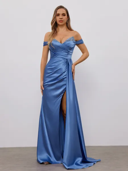 Sheath Off-the-Shoulder Pleated Floor-Length Silk Like Satin Dress