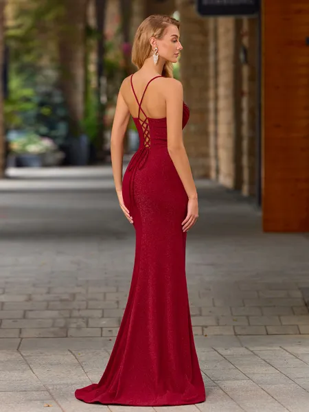 Sheath V-neck Pleated Sweep...