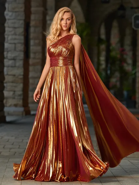 A-line One-Shoulder Pleated Floor-Length Metallic Satin Porm Dress
