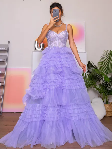 A-line V-neck Appliques Lace Court Train Tulle Corset Porm Dress