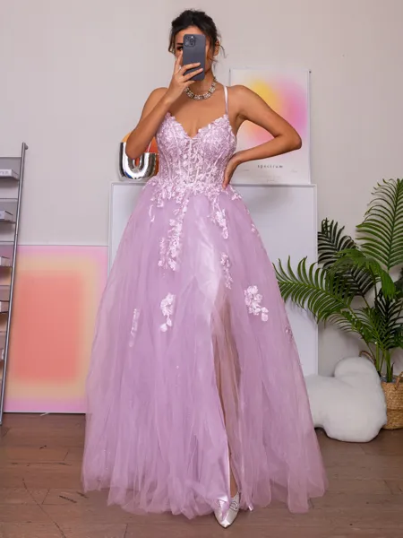 A-line V-neck Appliques Lace Floor-Length Tulle Corset Porm Dress