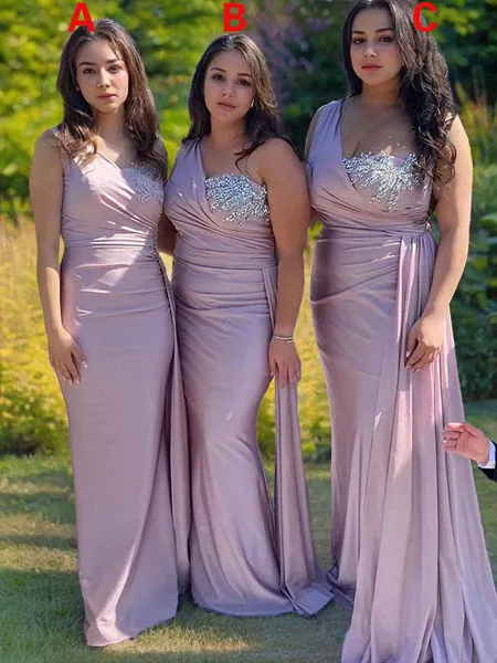 Sheath/Column One-Shoulder Floor-Length Silk Like Satin Bridesmaid Dresses With Ruffles