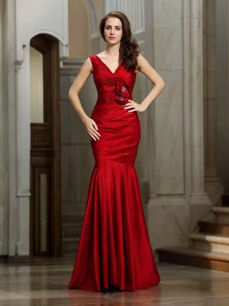Trumpet/Mermaid V-neck Floor-Length Taffeta Bridesmaid Dresses With Flower