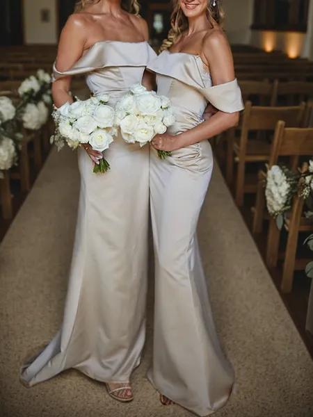 Sheath Off-the-Shoulder Pleated Sweep Train Satin Bridesmaid Dress