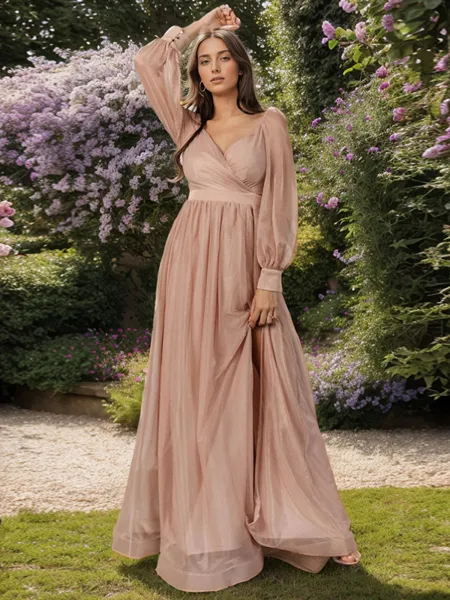 A-line V-neck Long Sleeves Pleated Floor-Length Bridesmaid Dress