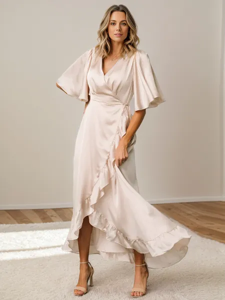 A-line V-neck Short Sleeves Ruffles Asymmetrical Silk Like Satin Bridesmaid Dress