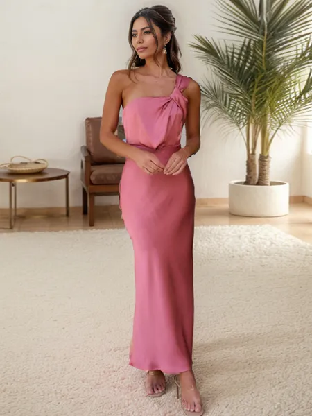 Sheath One-Shoulder Pleated Ankle-Length Silk Like Satin Bridesmaid Dress