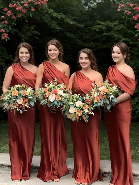 Sheath One-Shoulder Pleated Floor-Length Silk Like Satin Bridesmaid Dress