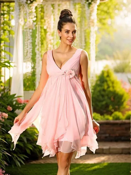 A-line/Princess V-neck Short/Mini Chiffon Bridesmaid Dresses With Flower