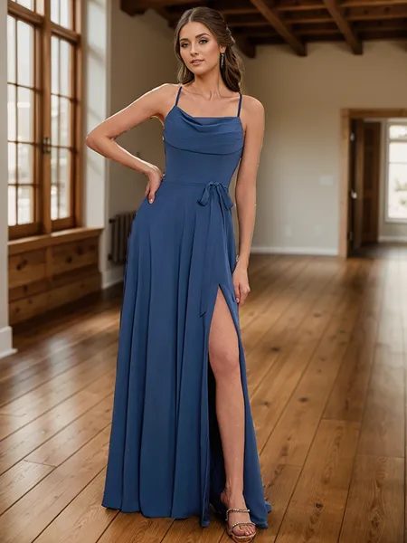 A-line/Princess Spaghetti Straps Sash/Ribbon/Belt Floor-Length Chiffon Bridesmaid Dress