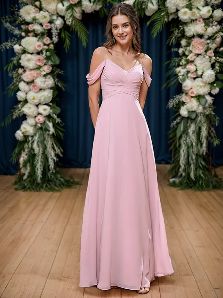 A-line/Princess Cold Shoulder Pleated Floor-Length Chiffon Bridesmaid Dress