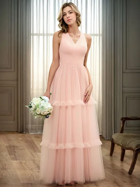A-line/Princess V-neck Pleated Floor-Length Tulle Bridesmaid Dress