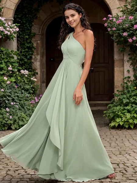 A-line/Princess One-Shoulder Pleated Floor-Length Chiffon Bridesmaid Dress