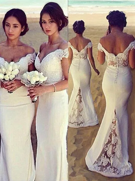 Trumpet/Mermaid Off-the-Shoulder Sweep Train Stretch Crepe Bridesmaid Dresses With Lace