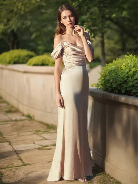 Sheath/Column Off-the-Shoulder Floor-Length Silk like Satin Bridesmaid Dresses With Ruffles