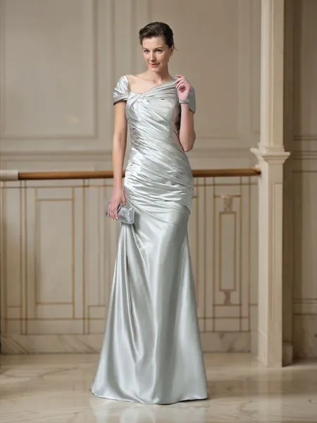Sheath/Column Off-the-Shoulder Floor-Length Silk like Satin Prom Dress With Pleated
