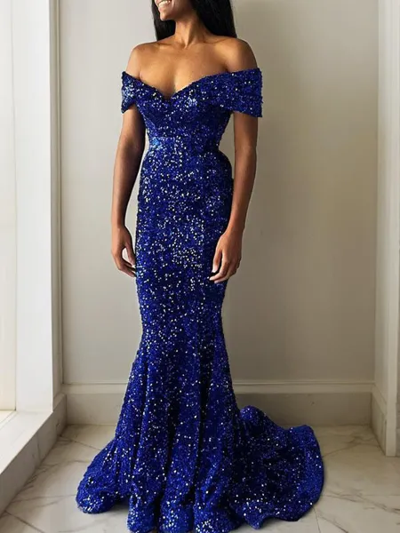 Trumpet/Mermaid Off-the-Shoulder Sweep Train Velvet Sequins Prom Dress
