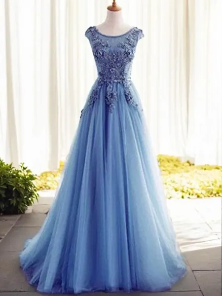 Ball Gown Jewel Sweep Train Tulle Prom Dress With Appliques Lace