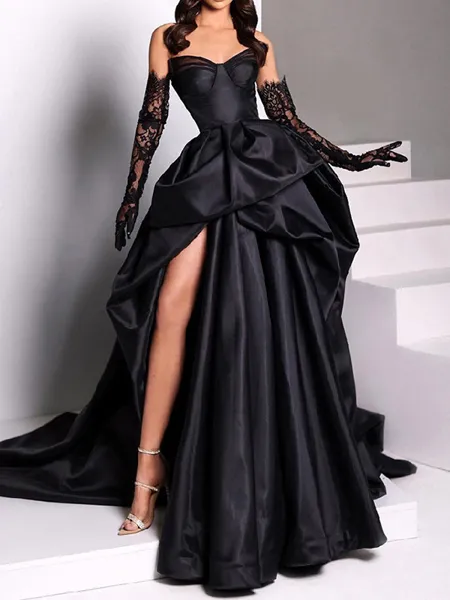 A-line Sweetheart Pleated Chapel Train Satin Porm Dress