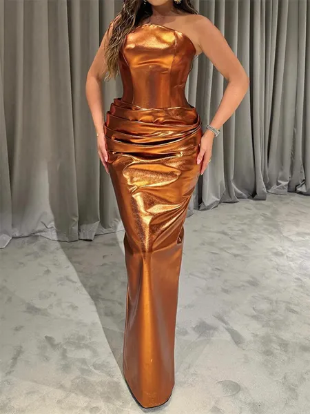 Sheath Straight Pleated Floor-Length Metallic Satin Porm Dress