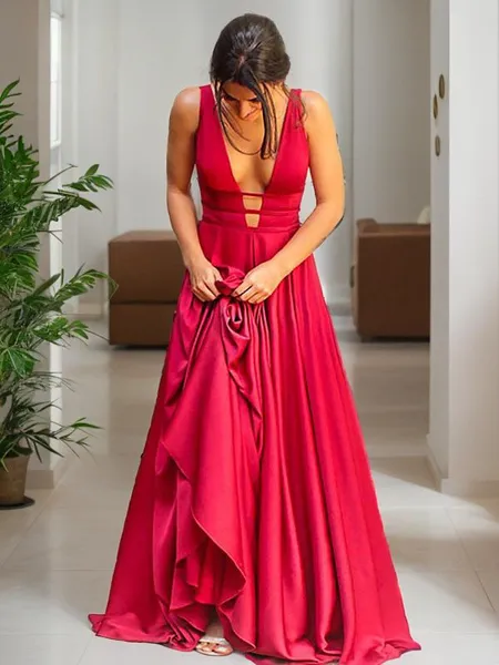 A-Line/Princess V-neck Sweep Train Silk Like Satin Evening Dresses With Ruffles