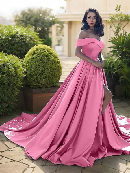 A-Line/Princess Off-the-Shoulder Court Train Satin Prom Dress With Leg Slit