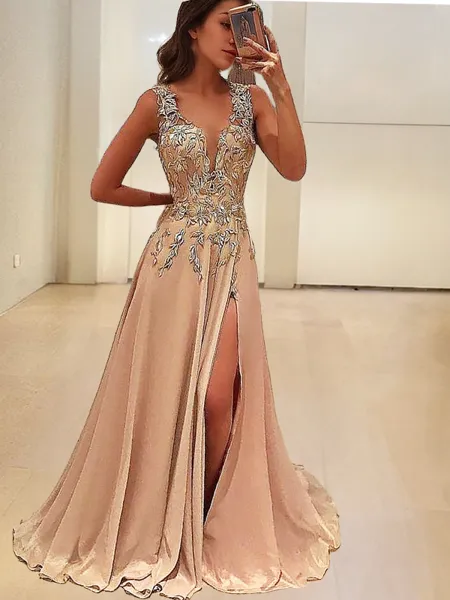 A-Line/Princess V-neck Floor-Length Silk like Satin Prom Dress With Leg Slit