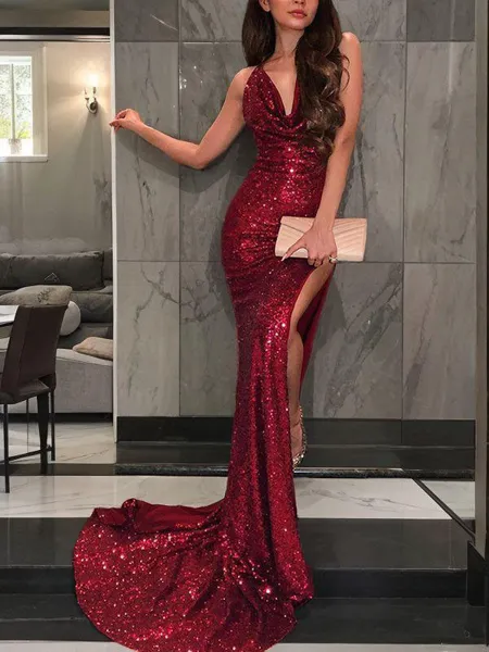 Trumpet/Mermaid V-neck Court Train Sequins Prom Dress With Leg Slit