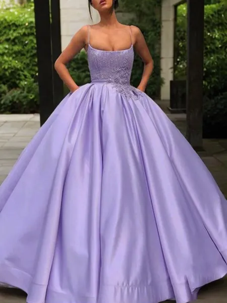 Ball Gown Spaghetti Straps Floor-Length Satin Prom Dress With Appliques Lace