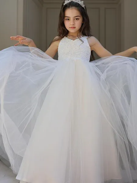A-Line/Princess Sweetheart Floor-Length Tulle Flower Girl Dresses With Bow