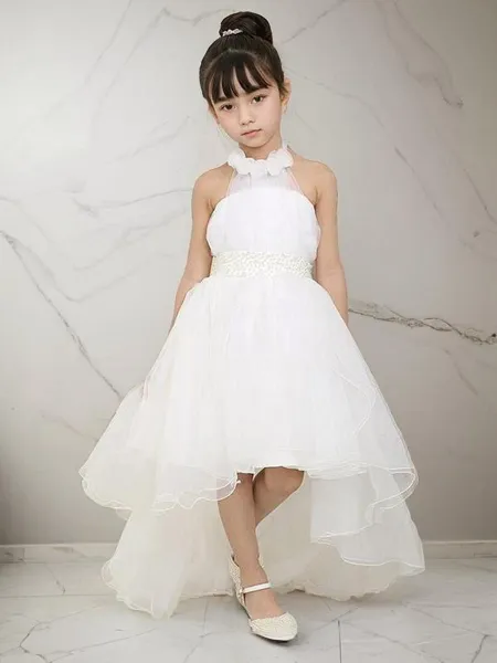 A-Line/Princess High Neck Asymmetrical Organza Flower Girl Dresses With Beading