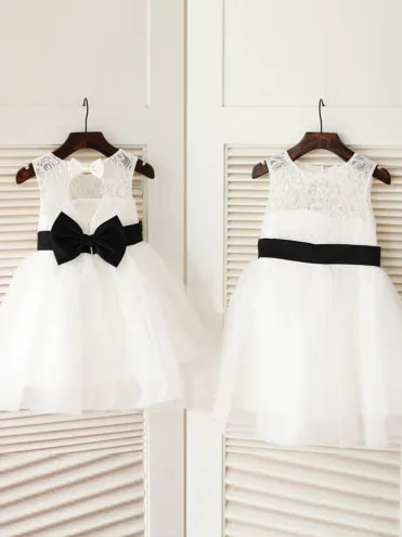 A-Line/Princess Scoop Tea-Length Tulle Flower Girl Dresses With Belt/Sash
