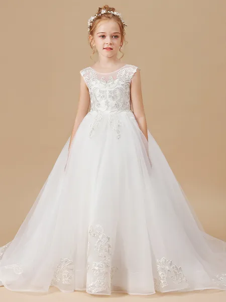 Ball Gown Scoop Sweep Train Tulle Flower Girl Dresses With Appliques Lace